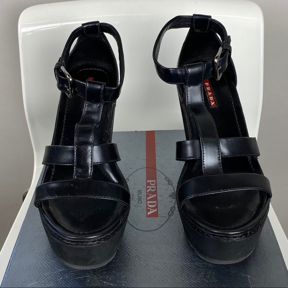 Prada Black Wedge Sandals Sz 38